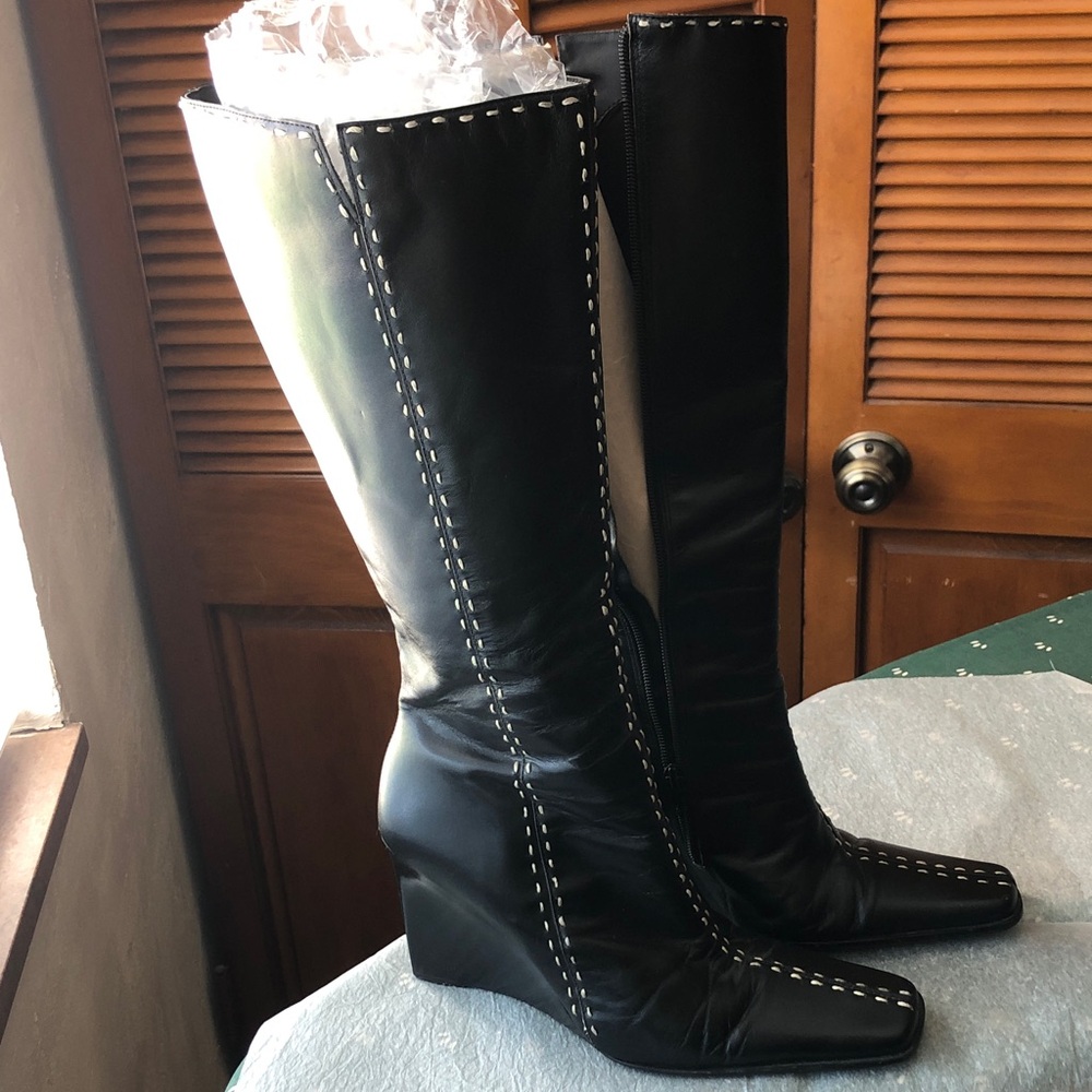 Cathy Jean Black Knee Boots with Contrast Stitch and Wedge Heel size 10